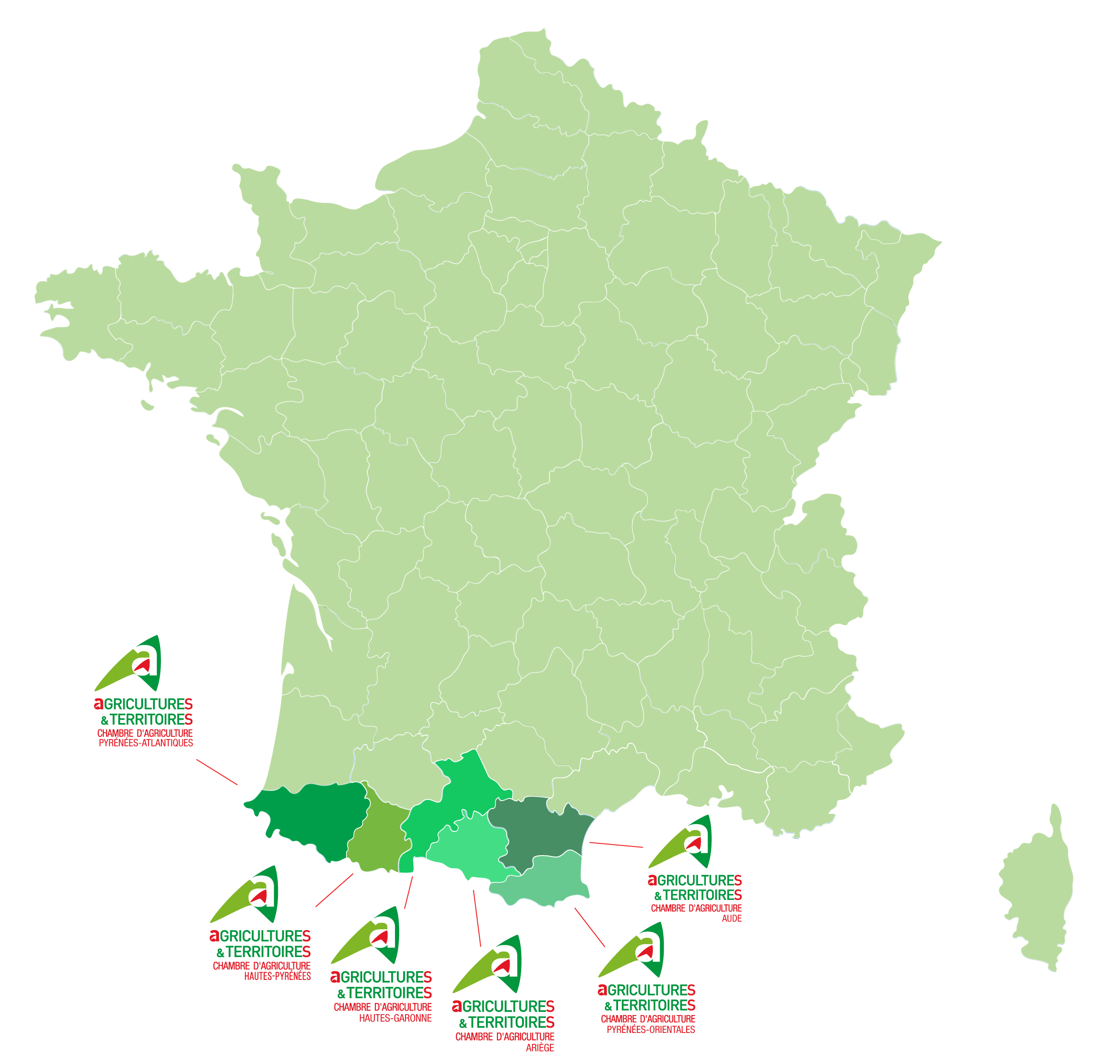 Carte France avec 6 chambres d'agriculture des Pyrénées